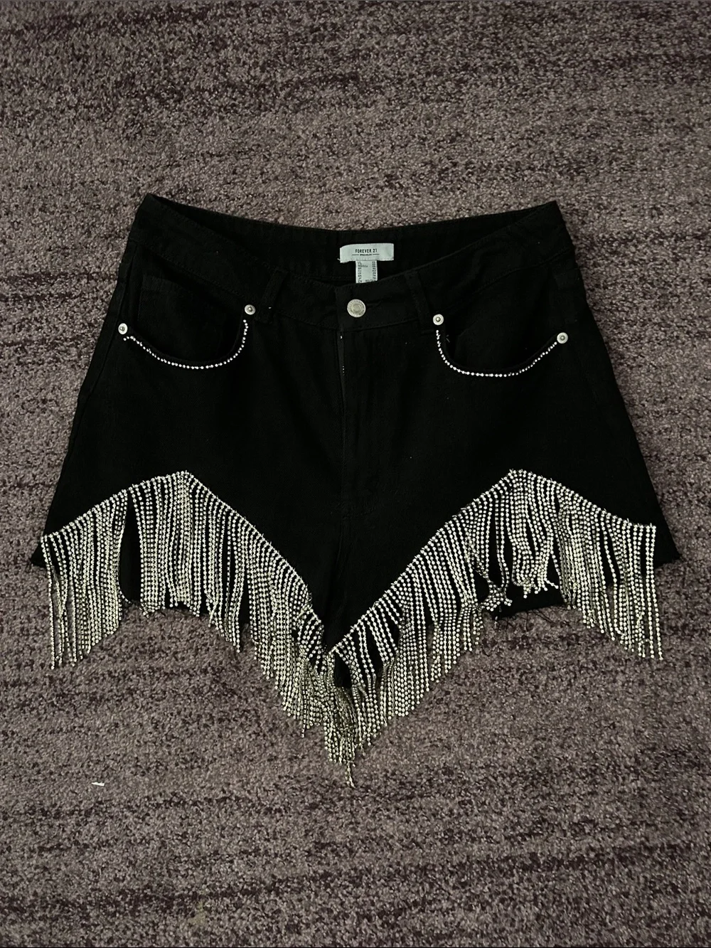 Black Denim Fringe Rhinestone Shorts